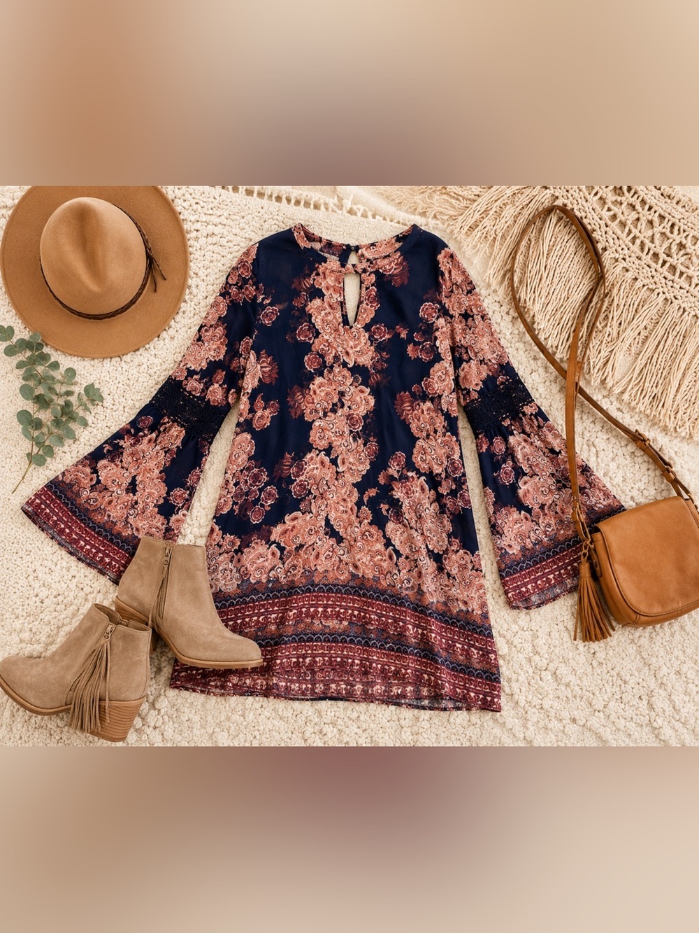 🌸 Altar’d State Navy & Coral Boho Paisley Bell Sleeve Dress
